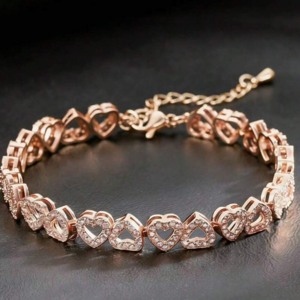 NEW Rose Gold CZ Heart Link Bracelet | Sparkling Romantic Tennis Bracelet